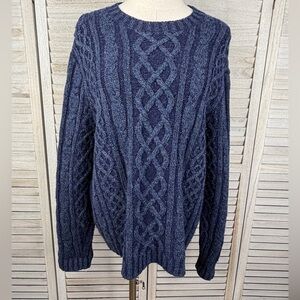 LAND'S END Women's Vintage 90's Lambswool Fisherman Cable Knit Sweater Blue-XL